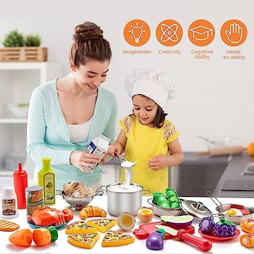 Pretend Play Accessories - 52pc Kids Kitchen Playset with Play Food, Stainless Steel Cookware, Toys Pots and Pans, Toddler Kitchen Set with Cuttable Toy Food - Boys and Girls Gift — view 2