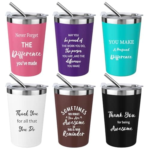 CNSJ 6 Sets 12 OZ Appreciation Gifts Stainless Steel Cup Travel Tumbler with Straw and Lid Inspirational Insulated Mug Bulk for Women Coworker Teacher Friends