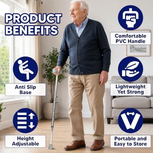 Adjustable Walking Stick for Men & Women Aluminum Walking Cane-Lightweight Support for Disabled and Elderly Users with Secure Lock and Anti Skid Base for Stable Balance and Comfortable Mobility — view 2