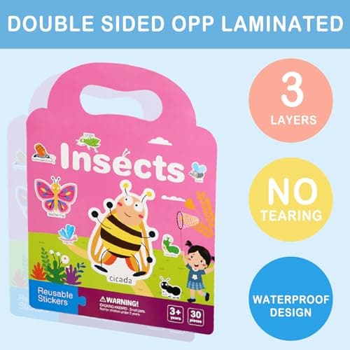 Acuiwer Reusable Sticker Books 4 Pack, Animals Insects Sticker Book with 3D Puffly Waterproof Reusable Stickers Books for Kids 3+ Kids Travel Activity Packs — view 2