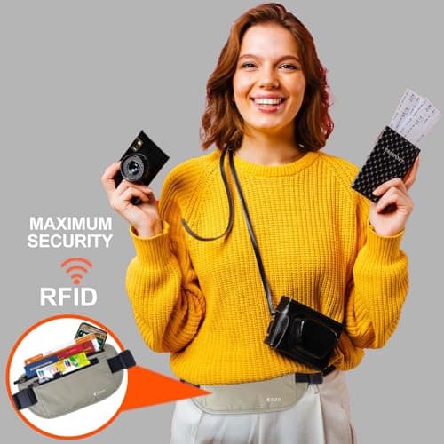 EGOO - Ultralight RFID Money Belt with Adjustable Elastic Strap for Travel Hidden Security Waist Money Pouch with Multi-Pocket + 3 RFID Card Protector Sleeve (Grey) — view 3