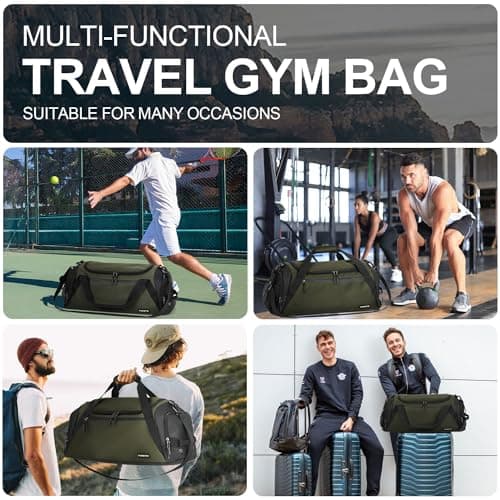 FIORETTO 45L Mens Sports Gym Bag with Wet Pocket & Shoe Compartment, Travel Duffle Bag Overnight Bag with Padded Shoulder Strap, Water-Resistant Holdall for Swimming, Basketball, Football Army Green — view 6