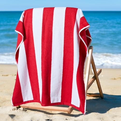 La Maison Cabana Stripe Beach Towels 100% Cotton 70cm x 150cm Large Pool Towel Absorbent Supersoft Quick Dry Sand Proof Beach Towel Holiday Yoga Gym Swimming Towel (1, Red) — view 2