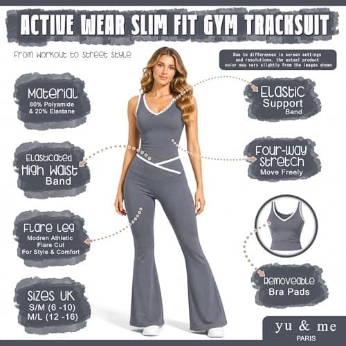 Grey Womens Summer Gym Set 2 Piece Activewear – Removable Sports Bra Pads & High Waist Flared Leggings – Stretch Yoga Workout Outfit – Supportive Fitness Co Ord Set S/M (UK 6–10) — view 2