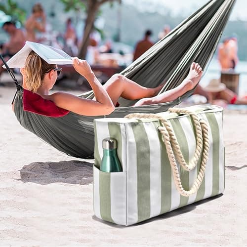 Becokan Waterproof Beach Bag for Women - Large Sandproof Swim Tote With Zipper and Stripe Pattern — view 3