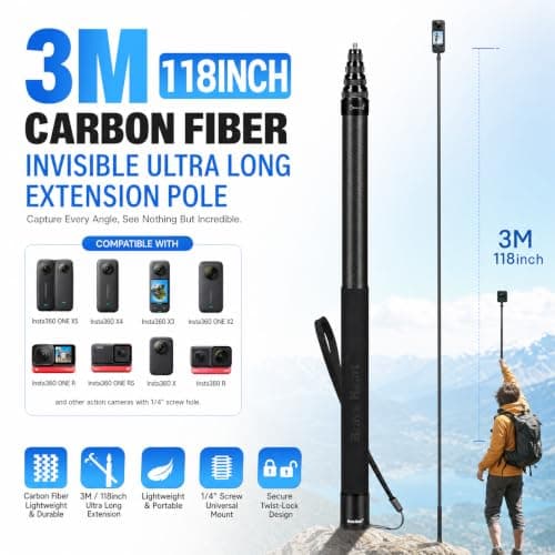 3m Selfie Stick 118 Inch Carbon Fiber Invisible Ultra Long Extension Pole for Insta360 ONE X5 X4 X 3 ONE X2 ONE R ONE RS X3 R X Action Camera (Black) — view 4