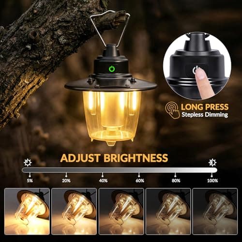 Camping Lantern Rechargeable, Portable Retro Camping Light, Dimmable Tent Light Battery Powered, Hanging Tent Light for Caming, 3 Modes, Waterproof,Hanging Lamp for Power Cuts, Garden, Fishing, Black — view 2