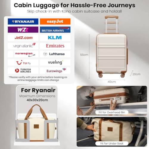 Kono 4 Piece Luggage Set ABS+PC Hard Shell Carry-On Cabin Suitcase, Beige — view 2
