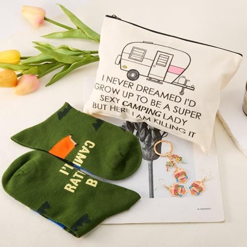 Wasise Campervan Gifts for Women - 4PCS Camper Van Gifts Set with arrings, Cosmetic Bag, Keychain and Vans Socks, Camper Van Accessories, Camping Lovers Gift for Women Man, Valentine's Day Gift — view 3