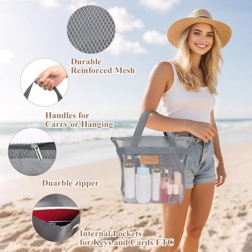 Minicoco Shower Caddy Bag with Hanging Hook Large Mesh Toiletry Organiser, Quick Dry Portable Tote for Gym, Swimming Pool & Travel Foldable, Waterproof Base (Grey) — view 2