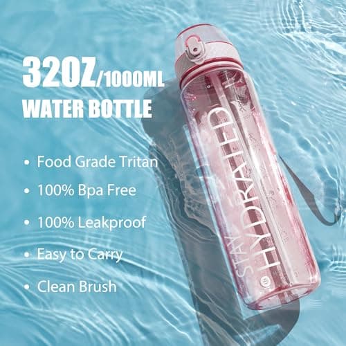 OLDLEY 1L Sports Water Bottle with Straw, Tritan 1 Litre Motivational Drink Bottle, BPA Free Leakproof Transparent Water Bottle with Time Marker for Cycling, School, Gym, Outdoor (Pink) — view 5