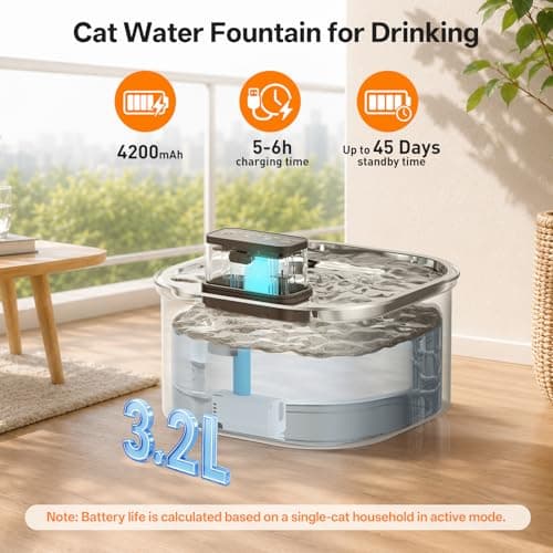 VinDox Wireless Cat Water Fountain for Drinking,108oz/3.2L 20dB Ultra-Quiet 4200mAh Battery Operated Stainless Steel with Motion Sensor for Cats & Dogs (6 Filters + 6 Sponges) — view 4