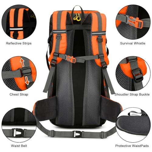 jianyana Hiking Backpack Waterproof 50L Foldable Rucksack Durable Lightweight Camping Bag with Rain Cover for Camping Trekking Hiking Walking Cycling Climbing Outdoor Sports for Women Men Orange — view 5