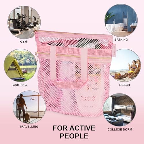 DV Lifestyle Mesh Shower Bag 25 x 26cm Caddy with Zipper & 2 Pockets. Quick-Dry Portable Toiletry Tote for Bathroom, Gym, Travel, Camp, Beach, for Sunscreen, Dorm & College Essentials (Pink) — view 4
