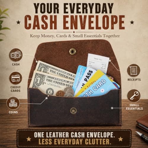 TheAntiq Leather Cash Envelope Wallet Slim Money Organiser Minimalist Travel Currency Pouch for Cash & Cards Full Grain Leather (Brown) — view 2