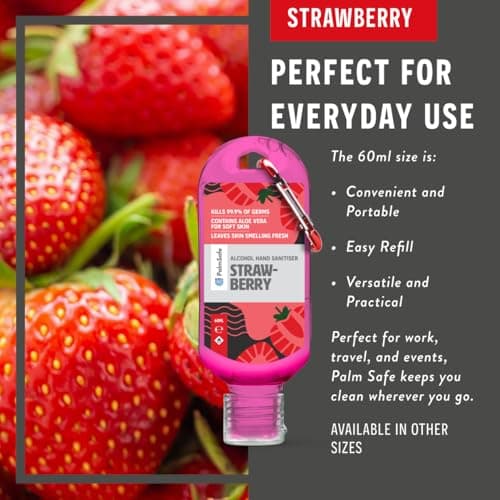 Palm Safe Strawberry 60ml Anti Bacterial Premium Hand Sanitiser Travel Size Refillable Clip Bottle Quick Drying Non Sticky Extra Moisturising Kills 99.9% of Viruses and Bacteria — view 5