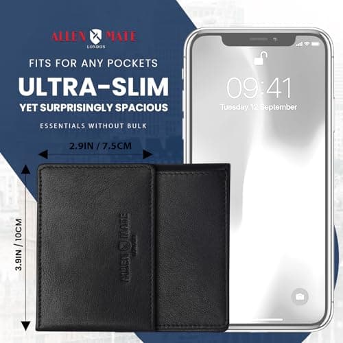 ALLEN & MATE 100% Leather Travel Card Holder - Slim Minimalist Wallet for Travel Bus Pass ID License Oyster Card for Men & Women (Black Premium) — view 3