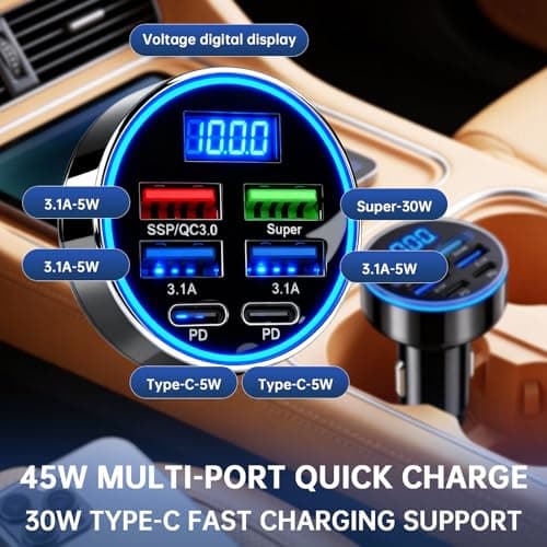 6-in-1 Car USB Charger 300W 2 USB C PD 4 USB A Ports LED Voltmeter — view 4