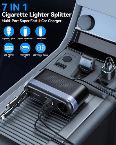 Estbuc 7-in-1 295W Retractable Car Charger Adapter, Fast Charging USB C Car Accessories with Cigarette Lighter Splitter, 45W Type-C & 30W Lightning Cables,4 USB Ports, Road Trip Tech Gifts for Men/Dad — view 3