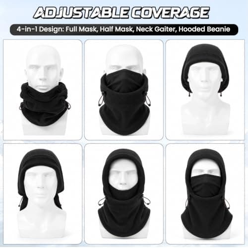 Beehow Balaclava Ski Mask for Men, Fleece Thermal Winter Face Cover Black — view 6