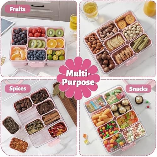 Küchera Pink Snackle Box with Handle, 8 Compartment Divided Snack Tray with Lid, Portable Food Storage Container for Travel, Plane & Picnics, Dishwasher Safe Platter for Sweets, Fruit & Nuts (Pink) — view 3