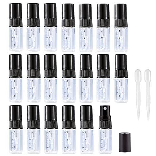 Apstaqeoo 20Pcs, 3Ml Empty Glass Spray Bottles with Scale - Clear Mini Sample Perfume Atomizer Vial Travel Bottles Set with Fine Mist Sprayer & Black Dust Cap Perfect for Fragrance, Essential Oils