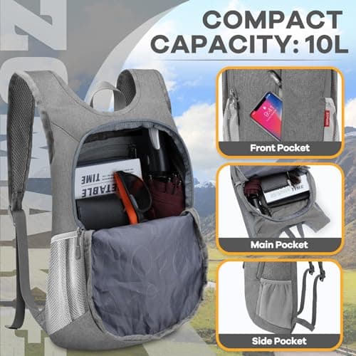 ZOMAKE Lightweight Foldable Backpack, Packable Rucksack (10L/Grey) — view 3