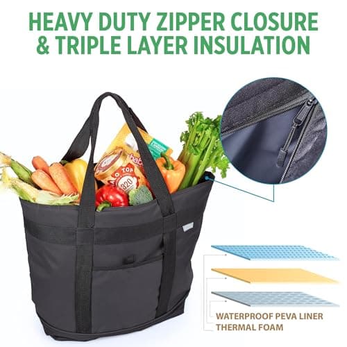 Jumbo Insulated Cooler Bag - Heavy Duty Soft Insulated Grocery Bag (Black) — view 4