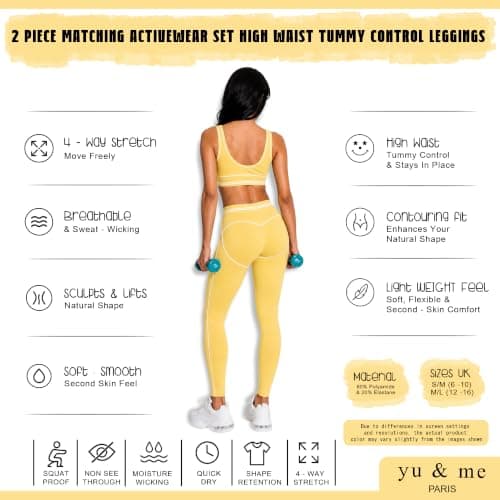 Yu & Me PARIS Womens Gym Set 2 Piece Activewear Sports Padded Bra & High Waist Leggings Tummy Control Workout Yoga Fitness Co Ord Set Size (Yellow, L/XL, 14-16) — view 3
