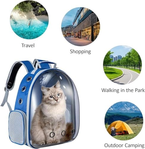 LN COZY CORNER Transparent Bubble Cat Backpack –Space Capsule Pet Carrier Backpack with Hard‑Shell Dome, Breathable Mesh & Padded Straps – Hands‑Free Travel Cat Bag Carrier (Blue) — view 4