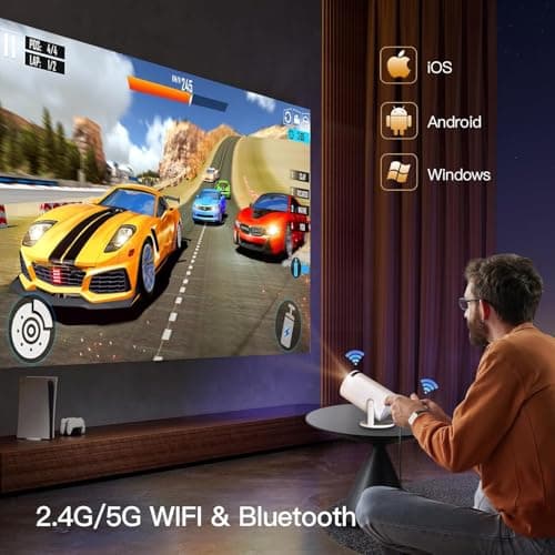 [Built-in Apps] Mini Projector with WIFI 6 and Bluetooth, 4K 1080P Support Portable Projector 180° Rotatable 130'' Screen Movie Projector Auto Keystone Compatible for Laptop, PC, Smartphone — view 4
