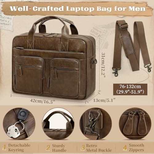 RAINSMORE Messenger Bags for Men Vintage Briefcase PU Leather Laptop Bag 15.6 Inch Satchel Bag for Work Business Office College Trip School Black/Brown/Dark Brown Brown — view 5