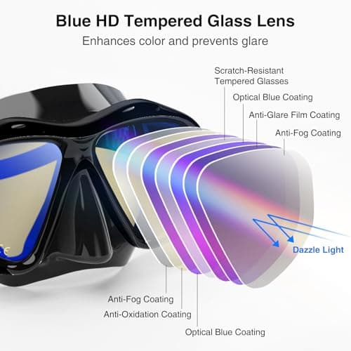 Snorkeling Gear for Adults, Snorkel Mask With Mirrored Tempered Glass Lens 180° Wide View Anti-Fog Scuba Diving Mask, Professional Snorkel Set for Swimming Diving (Black) — view 2
