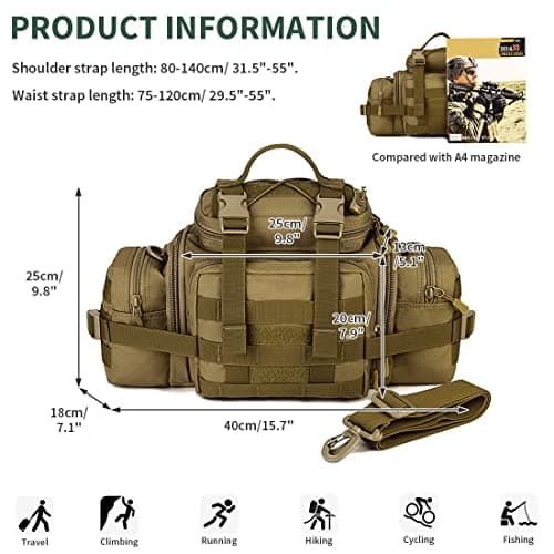 Huntvp Tactical Waist Bag Molle Fanny Pack Bumbag Assault Sling Shoulder EDC Bag Carry-on Bag Handbag for Working Camping Hiking Outdoors Activities Brown — view 2