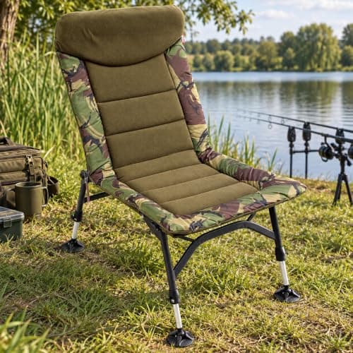 DNA Leisure Carp Fishing Chair, High Back Padded, Adjustable Mud Feet, Camo Design, Camping Festival — view 2