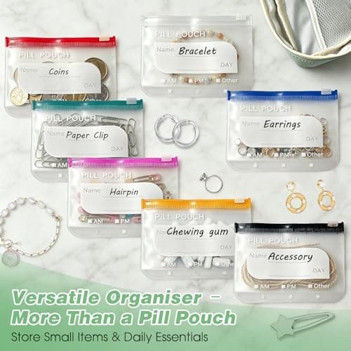 Waterproof Pill Organiser Pouch Set for Travel, 14 Removable Colour-Coded Bags Easy to Label & Refill, Storage Organizer for Medication Vitamins Fish Oils (Green) — view 5