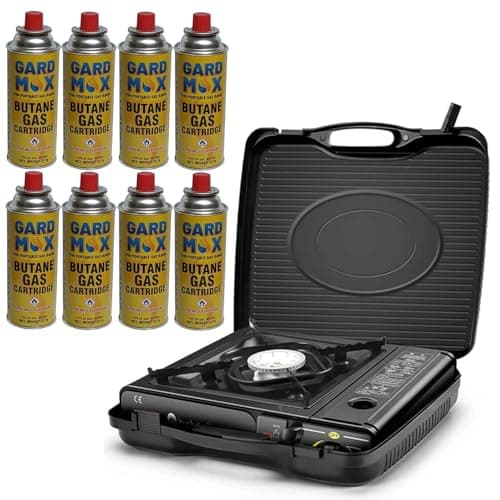 Portable Camping Gas Cooker Single Burner Stove Enamel Pan Holder BBQ Caravan Outdoor EN417 Compliant Premium Camping Stove with Automatic Ignition System & Heat Control (Stove + 8 Gas Cans)