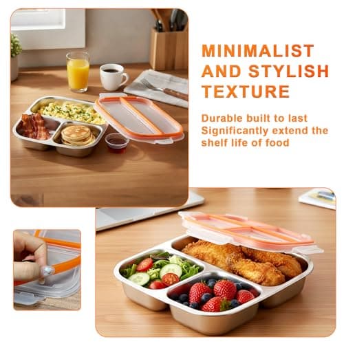 Betinyar 2PCS Stainless Steel Snack Containers, Leak-proof 3-Compartment Food Prep Containers with Individual Sealing Lids, Reusable Food Storage for Travel, Camping, Work and Fitness — view 5