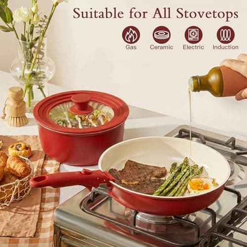 GIPP 21PCS Pots and Pans Set Non Stick,Nonstick Cookware Set Detachable Handle,Pots for Cooking Non Stick with Removable Handle,RV Cookware Set,PFAS PFOA Free(Red Gradien,21PCS) — view 5