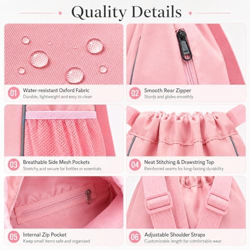 FAVORTALK Girls Drawstring Gym Bag Waterproof Drawstring Backpack with Outside Zipper Pocket Dry and Wet Separation for School Sport Swimming Travel Swimming Sports Gym Bag, Pink 18211 — view 6