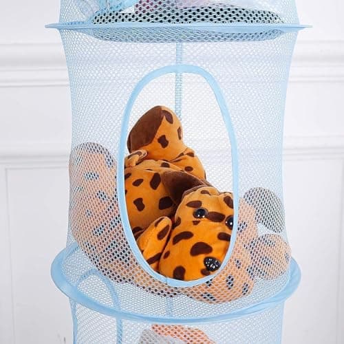 2 Pcs Hanging Mesh Space Saver, 4 Compartment Foldable Hanging Toy Storage Organizer Large Teddy Bear Storage Net Bag Basket for Kids Room Bathroom Balcony (Yellow&Blue) — view 5