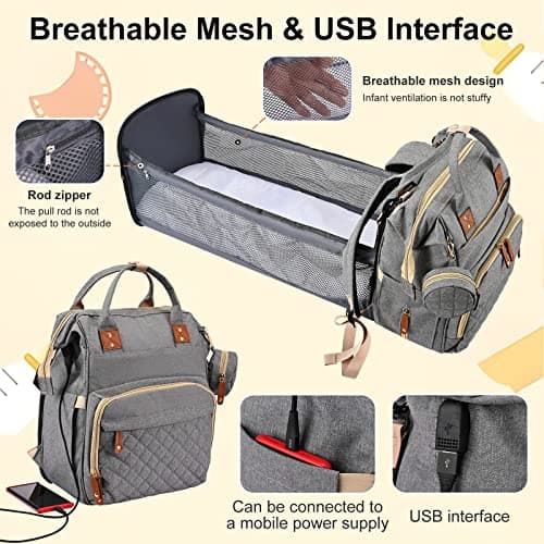 Rikmody Baby Changing Bag Backpack, Multifunctional Diaper Bags with Folding Bed, Large Capacity Nappy Backpacks Insulated Bottle Pockets, Mat, Stroller Straps, USB Port, Gray, 27*18*38cm — view 4
