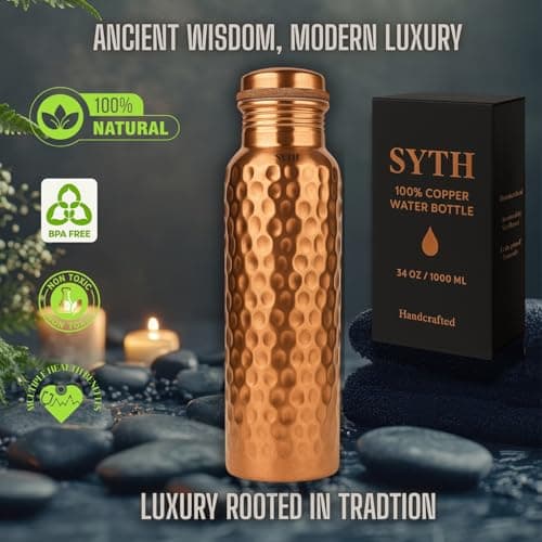 SYTH Luxury 100% Pure Copper Water Bottle - 34 OZ – |BPA Free| Ayurvedic Copper Drinking Bottle for Women and Men – | Lab-Tested, Heavy Duty & Leak-Proof | Copper Vessel (Luxury Gift Box Included) — view 4