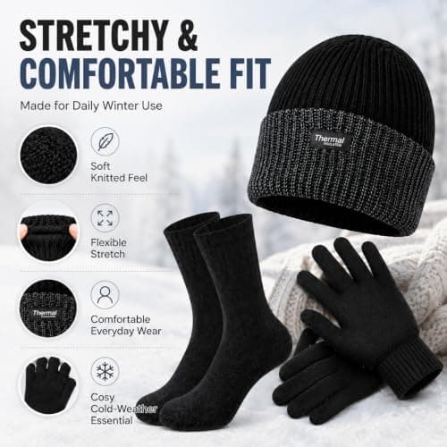 Mens Hat and Gloves Set with 3 Pairs Warm Thermal Socks for Winter Wear — view 4
