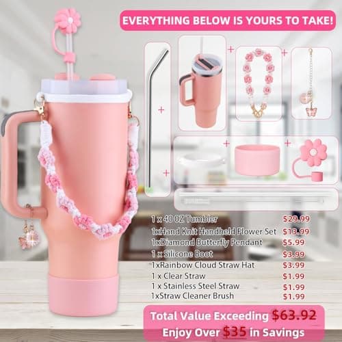 Sanilinwild 40 oz Tumbler Insulated Mug w/Straw & Flip Cap Lids - Cup Holder Bottle with 6 Accessories Set for Hot, Cold Drink - Leak-Proof - Water, Coffee Portable Travel Mug (Coral) — view 4