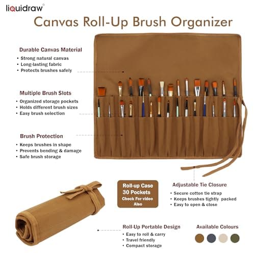 Liquidraw 30 Pocket Roll Up Canvas Paint Brush Holder 53 x 45cm (Brown) — view 6