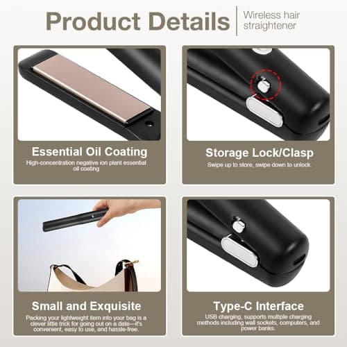 Cordless Hair Straighteners, 2 in 1 Mini Hair Straightener and Curler with 4 Temp Settings & Fast Heating, USB Rechargeable Travel Straighteners Mini Portable for Short to Long (Black) — view 3