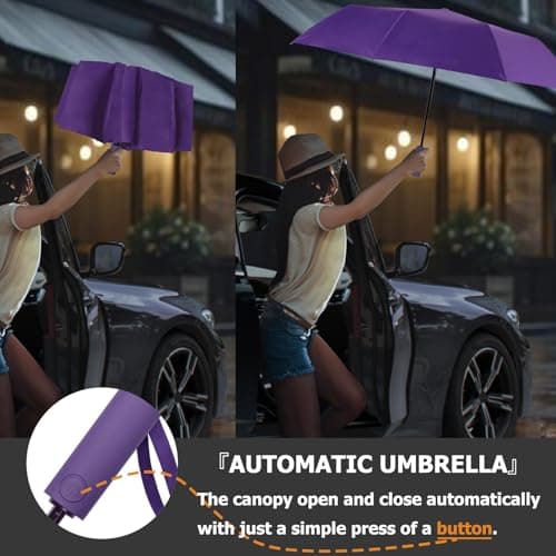 Travel Umbrella, Automatic Umbrellas for Rain, Windproof Compact Umbrella, Folding Sun Umbrella UV Umbrella, Portable Large Umbrella for Backpack, 10 RIBS Purple — view 6