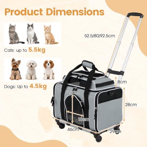 COSTWAY Foldable Pet Carrier with Wheels, Telescopic Handle (Grey) — view 6