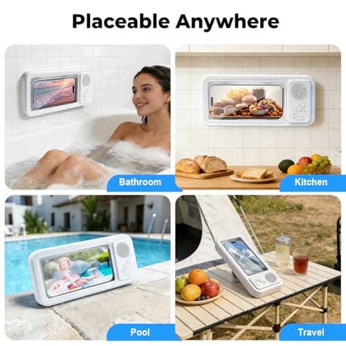 MRLTOP Waterproof Shower Phone Holder with Bluetooth Speaker IPX5 Bathroom Phone Mount 360 Rotatable Suction Cup Wall Mount Universal Compatibility — view 5